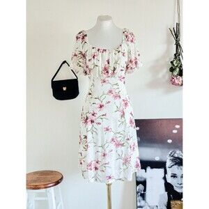 Ember White Pink Floral Milkmaid Aline Flowy Spring Dress Cottage M